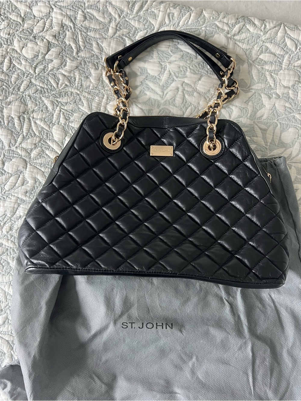 St. John Black Quilted Shoulder Bag with Gold Chain Handles